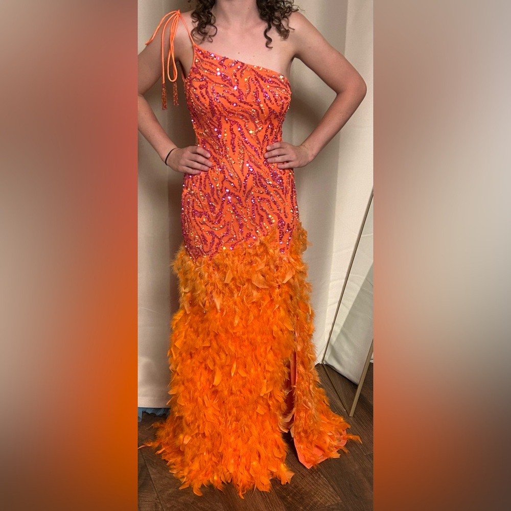 Orange Sequin and Feather Gown
